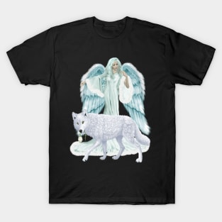 Fantasy Art Winter Angel And Wolf T-Shirt